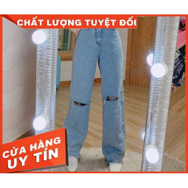 QUẦN JEANS DÀI ỐNG RỘNG TRƠN COTTON KHÔNG GIÃN LƯNG CAO- hình thật 100%