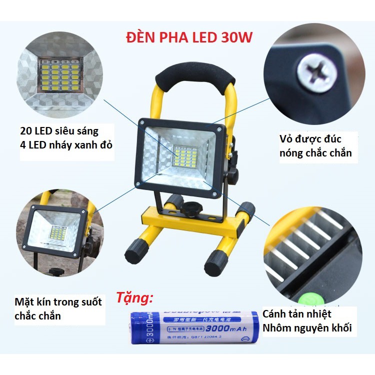 Combo Đèn pha LED đa năng siêu tiết kiệm điện 30W chống nước IP65 Tặng pin sạc Doublepow 3000mAh