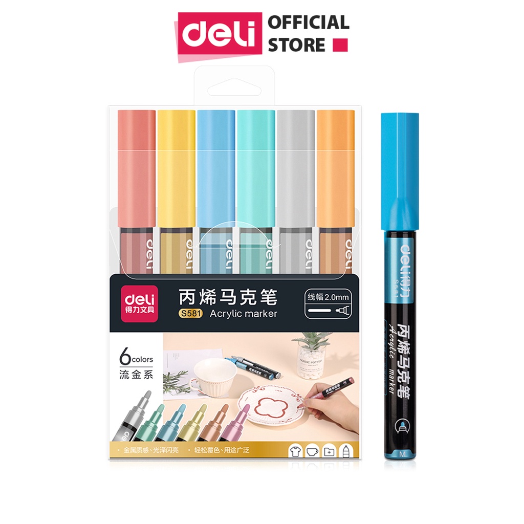 Bút vẽ Graffiti, bút sơn màu acrylic pastel Deli - dùng để trang trí trên vải, giày, gỗ, thủy tinh - Set 6 màu