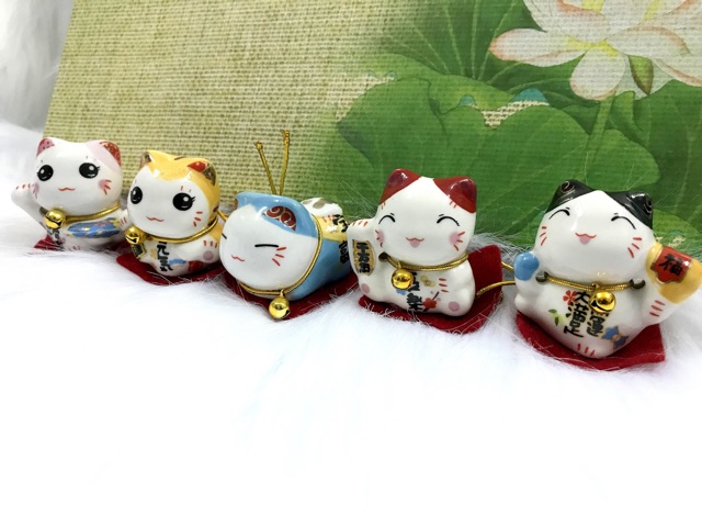 Full Set Bộ 5 Tượng Mèo Sứ Maneki Neko Thần Tài (Mèo Nằm)