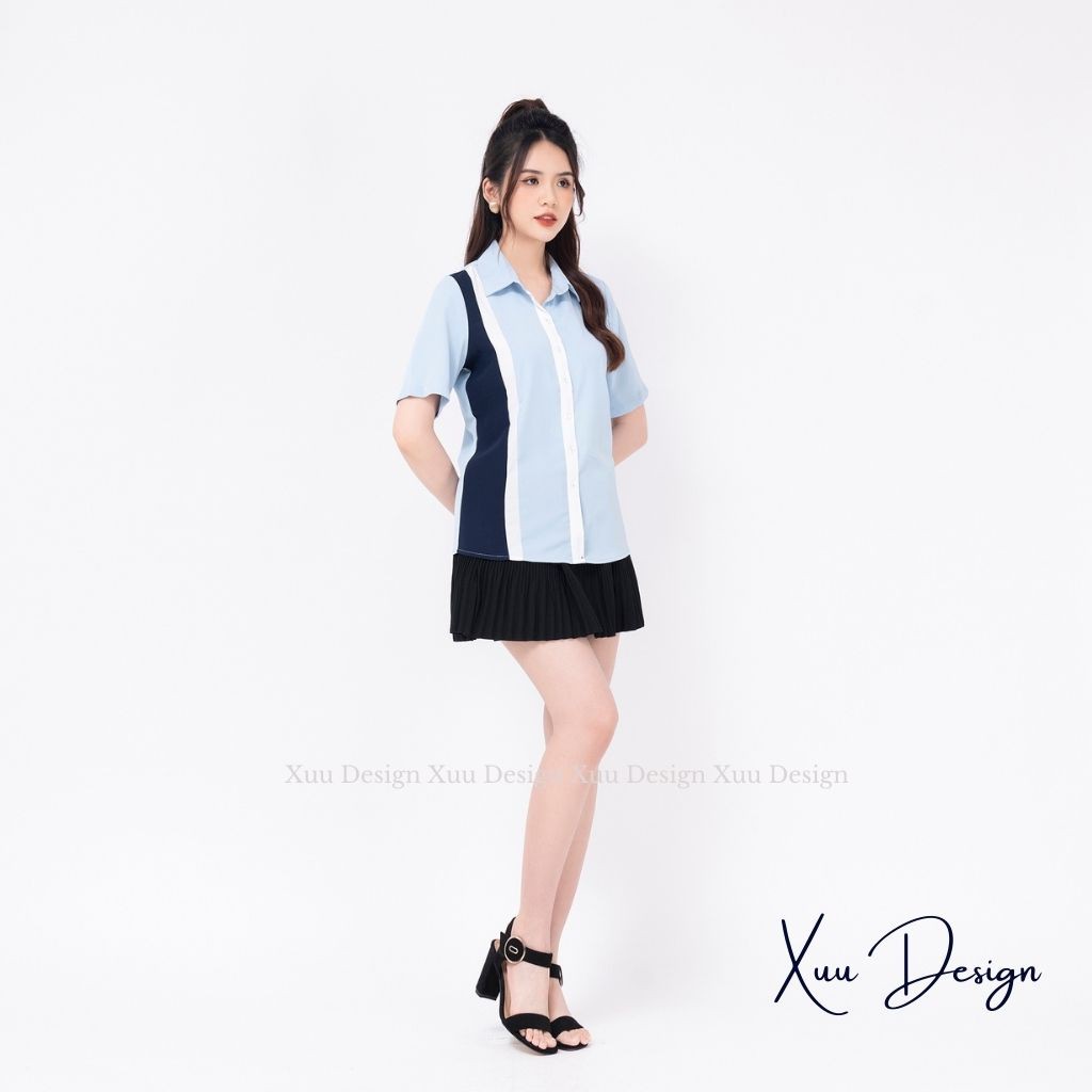 Áo sơ mi nữ cộc tay Xuu Design, Áo kiểu nữ tay ngắn phối kẻ màu kiểu cách chất vải chống nhăn lên form chuẩn - SK09