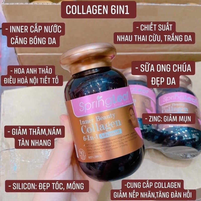 [CHÍNH HÃNG] Viên Collagen SpringLeaf Inner Beauty collagen 6 in 1, Úc (90v/180v), chống lão hóa, đẹp da