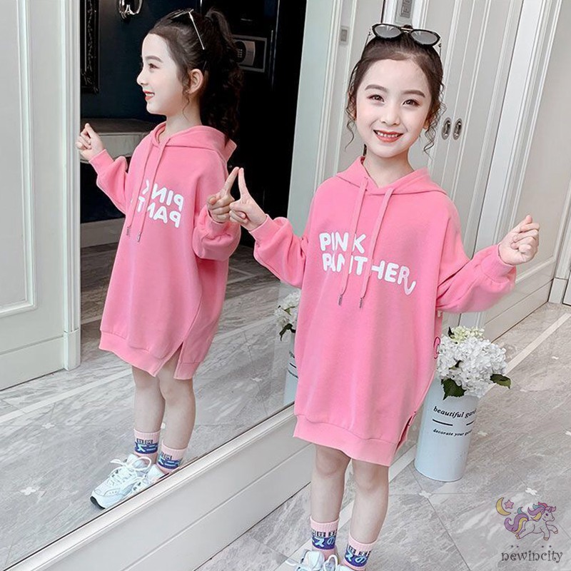 Đầm Thun Tay Dài Có Nón In Họa Tiết Đáng Yêu Cho Bé Gái