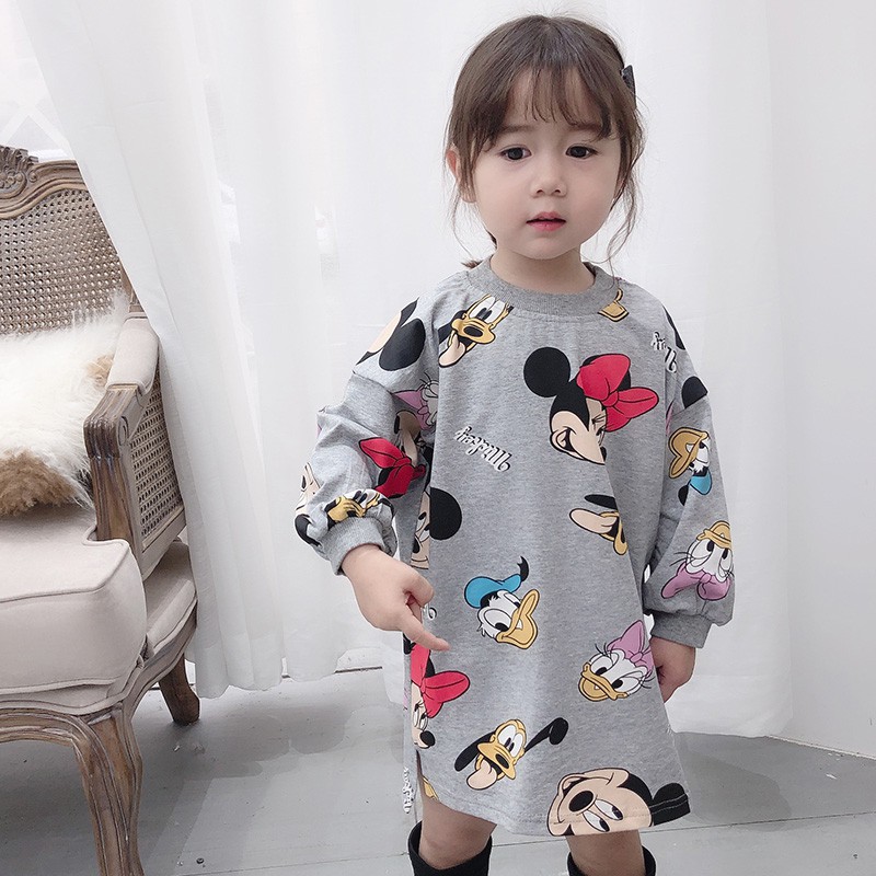 Đầm bé gái tay dài in hình chuột Mickey dễ thương