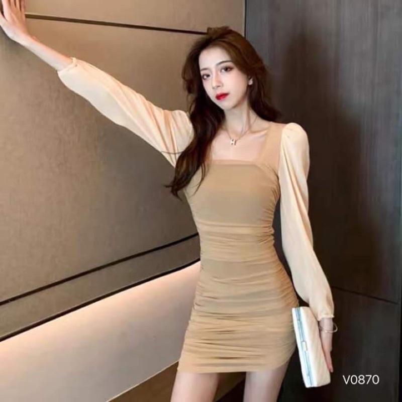 Pass/ Thanh lý Đầm body LSEOUL nhún tay bồng màu be