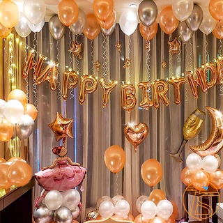 Set Trang Trí Sinh Nhật Với Mẫu Cô Gái Đầm Với Bong Bóng Happy Birthday Phong Màu Vàng Đồng