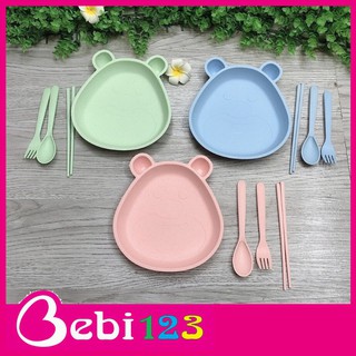 Khay Ăn Dặm Bát Ăn Dặm Lúa Mạch Kèm Muỗng Đũa Dĩa Hình Gấu Cho Bé