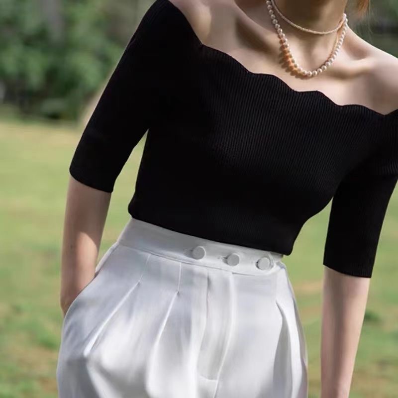 Áo thun dệt kim Pure Cube tay ngắn hở vai thời trang mùa hè cho nữ