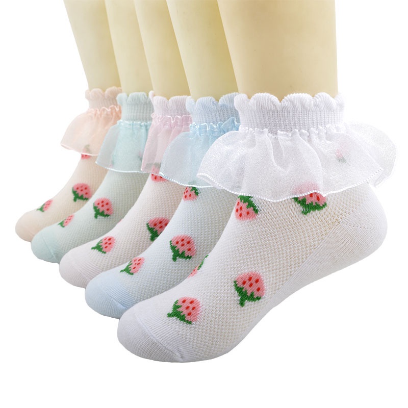Vớ Cotton Phối Ren Thoáng Khí Họa Tiết Dâu Tây Màu Hồng Dễ Thương Thời Trang Mùa Hè Cho Bé Gái 0-9 Tuổi