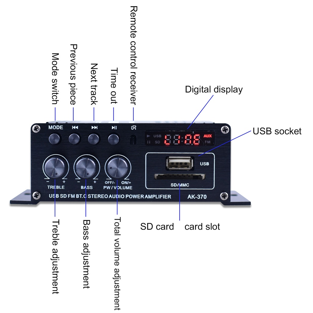 Âm ly khuếch đại âm thanh AK370 đa năng độ méo thấp kết nối bluetooth không dây 12V/220V 2 kênh cho gia đình
