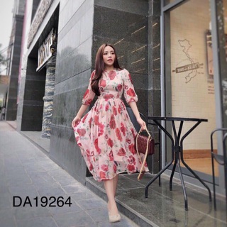 Đầm xoè lụa in hoạ tiết hoa 3d