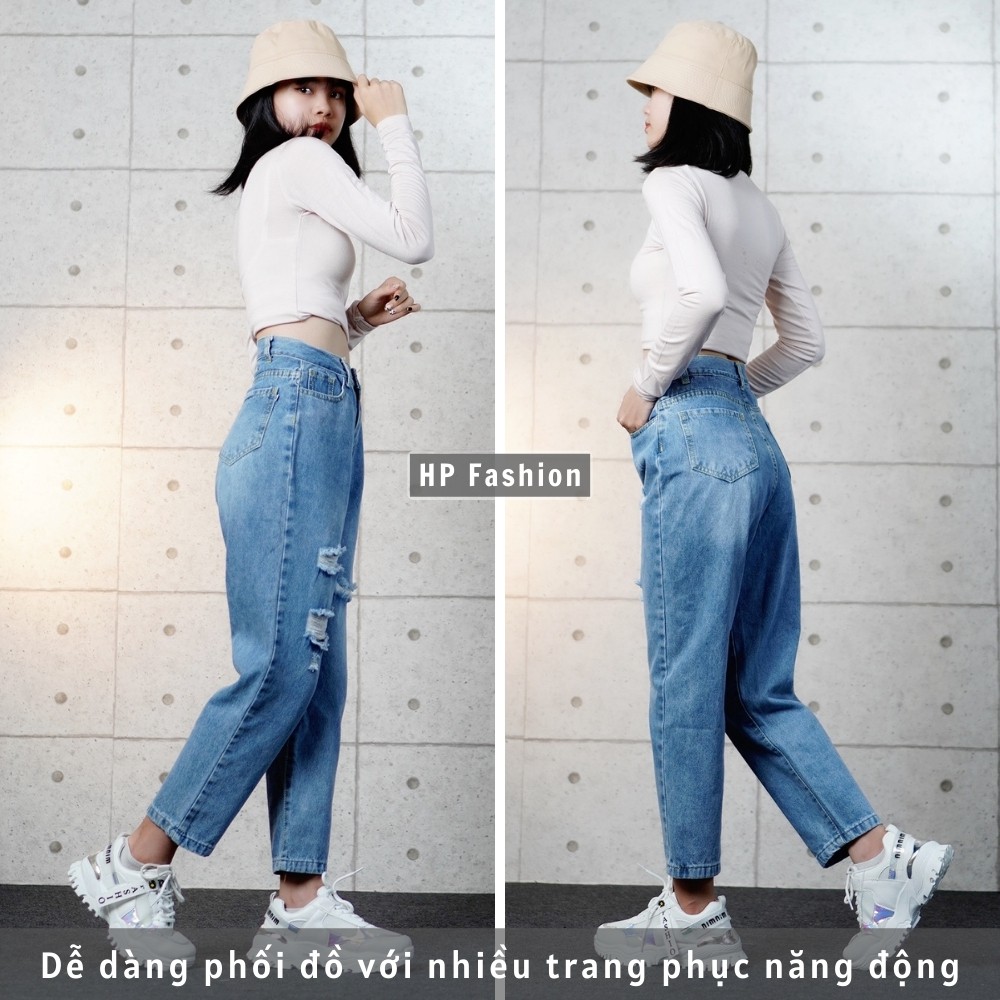 Quần baggy nữ ❤️ Quần jean cạp lưng cao phối rách cá tính, chất bò dày dặn trẻ trung -  QJ05