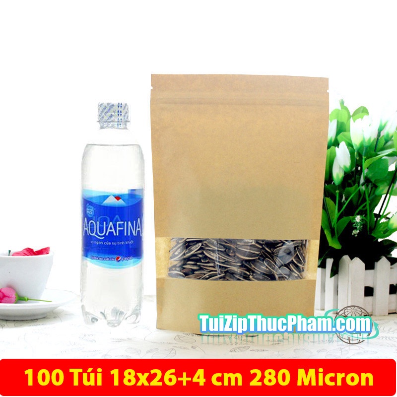 100 cái túi zip giấy kraft 18x26+4cm có cửa sổ phủ tràn viền, PET CPP chống nước chuyên đựng thực phẩm nhận in logo