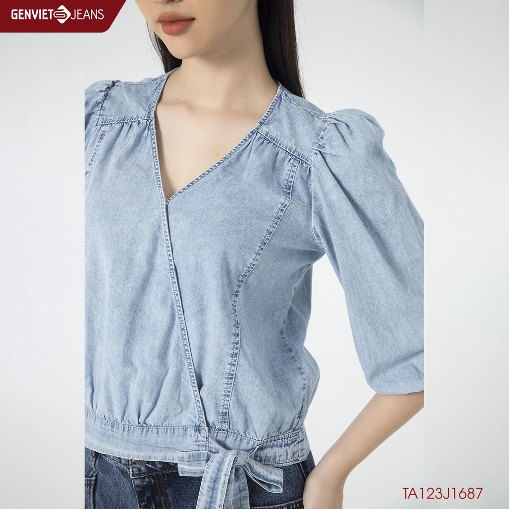 Áo Sơ Mi Jeans Tay Lửng Nữ Genviet Dây Rút Thắt Eo Vai Bồng Chất Mềm Mát Cao Cấp TA123J1687