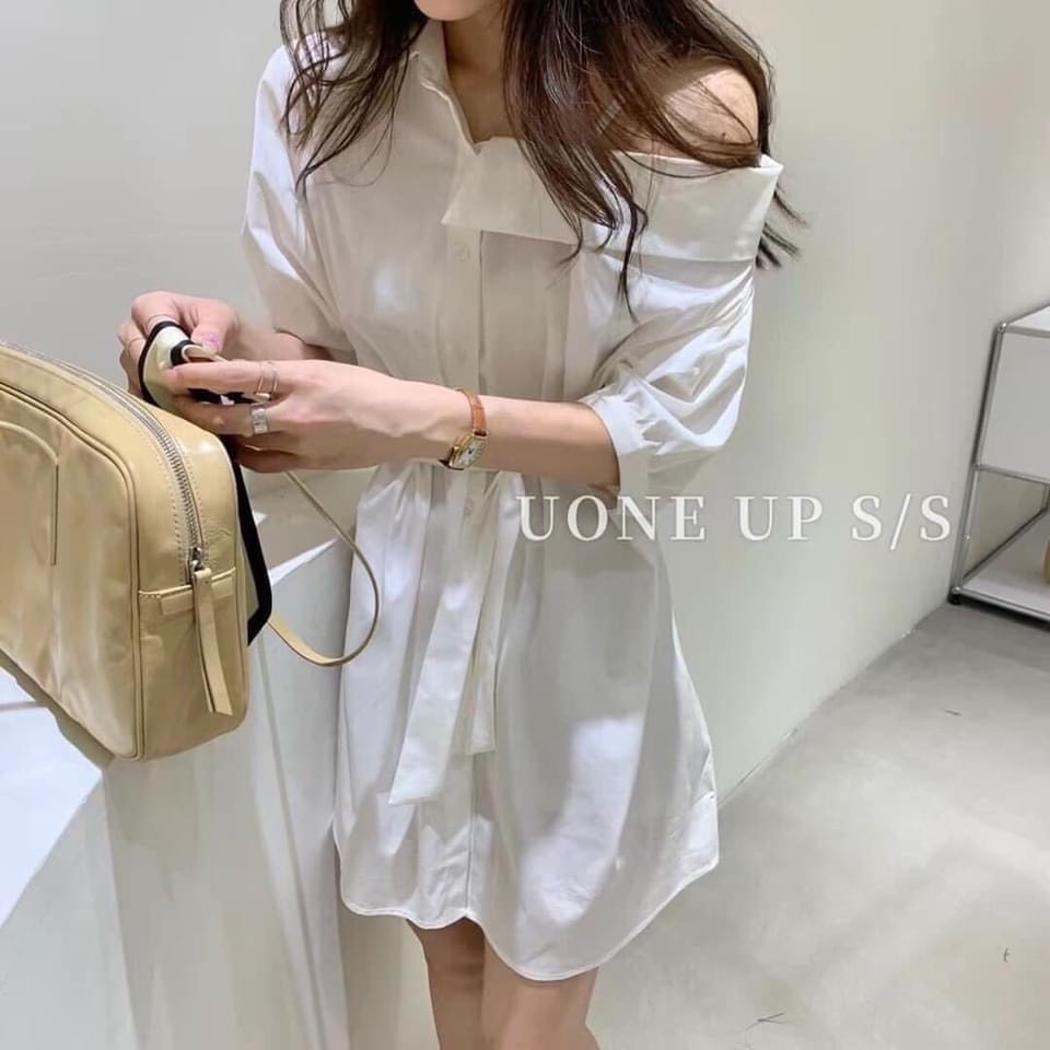 🌼Váy sơ mi lệch vai nữ trắng [FEESHIP] 🌼JOLIE🌼 Đầm sơ mi nữ buộc eo so hot 🌼