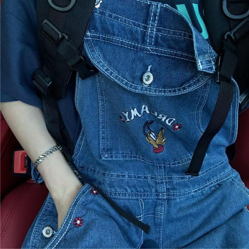 Quần yếm jean dài ống rộng thêu hình chó PLUTO DREAMY  🌿