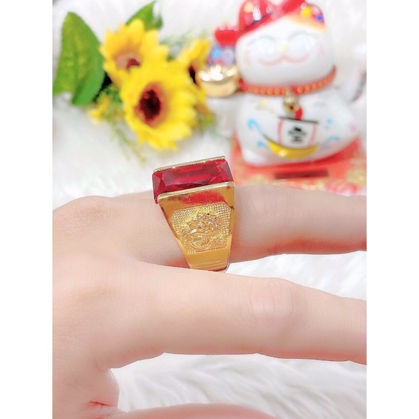 Nhẫn nam cao cấp dát vàng 18 đính đá đỏ vuông cực đẹp