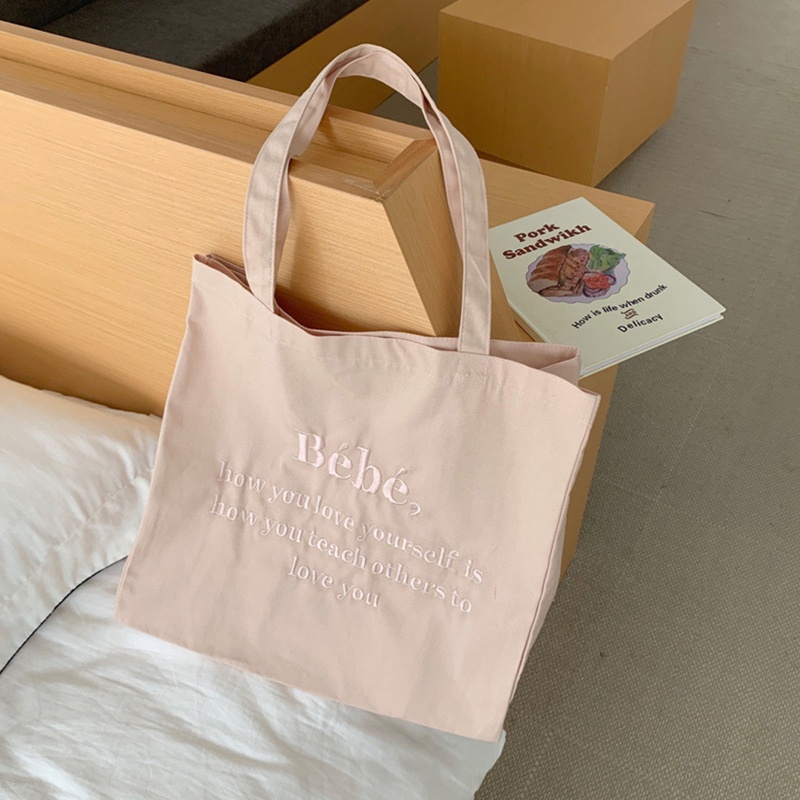 Youyo Túi Xách Đeo Vai Bằng Vải Canvas Thêu Chữ Màu Macaron Sức Chứa Lớn Cho Nữ Sinh