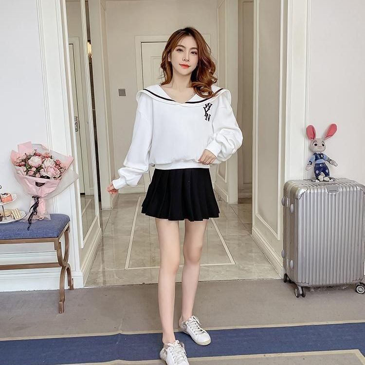 Áo sweater tay dài cổ hải quân dáng rộng in họa tiết phong cách đường phố Hàn Quốc mới 2020