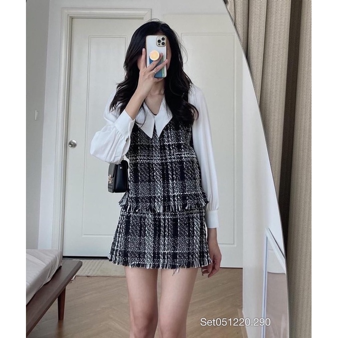 SET VÁY TWEET CỔ TRẮNG