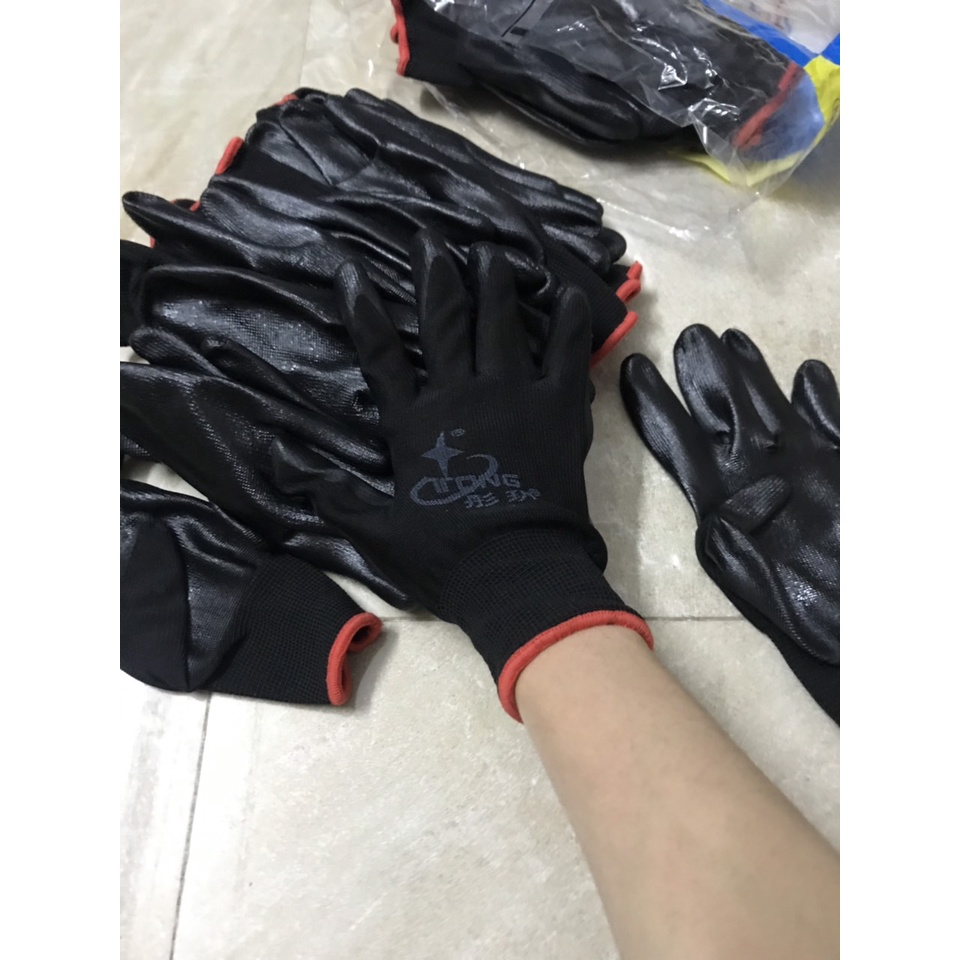 Combo 12 đôi găng tay phủ PU màu đen, màu xanh, gang tay bao ho lao dong phu PU xanh den