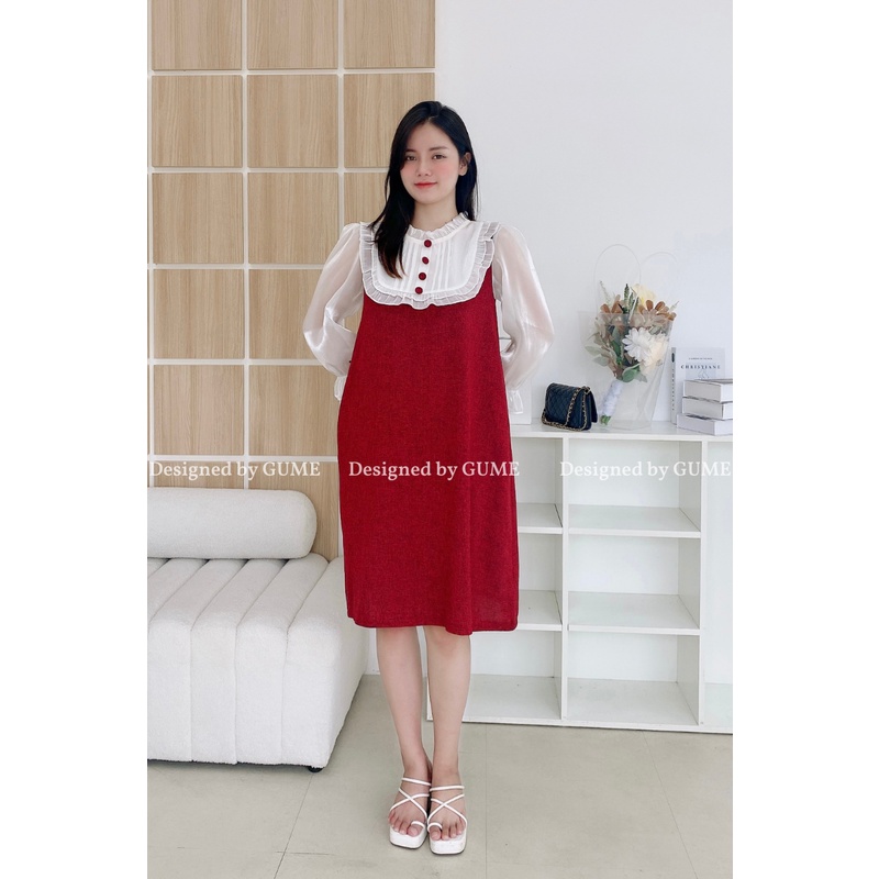 Váy bầu bigsize 40-100kg Vải dạ tăm cao cấp 2 lớp ĐỎ/ĐEN phối organza trắng, cổ bèo đính ngọc MB201)