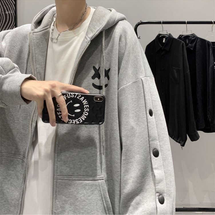 Áo khoác hoodie tay dài dáng rộng in hình mặt cười phong cách Hong Kong thời trang xuân thu cho nam