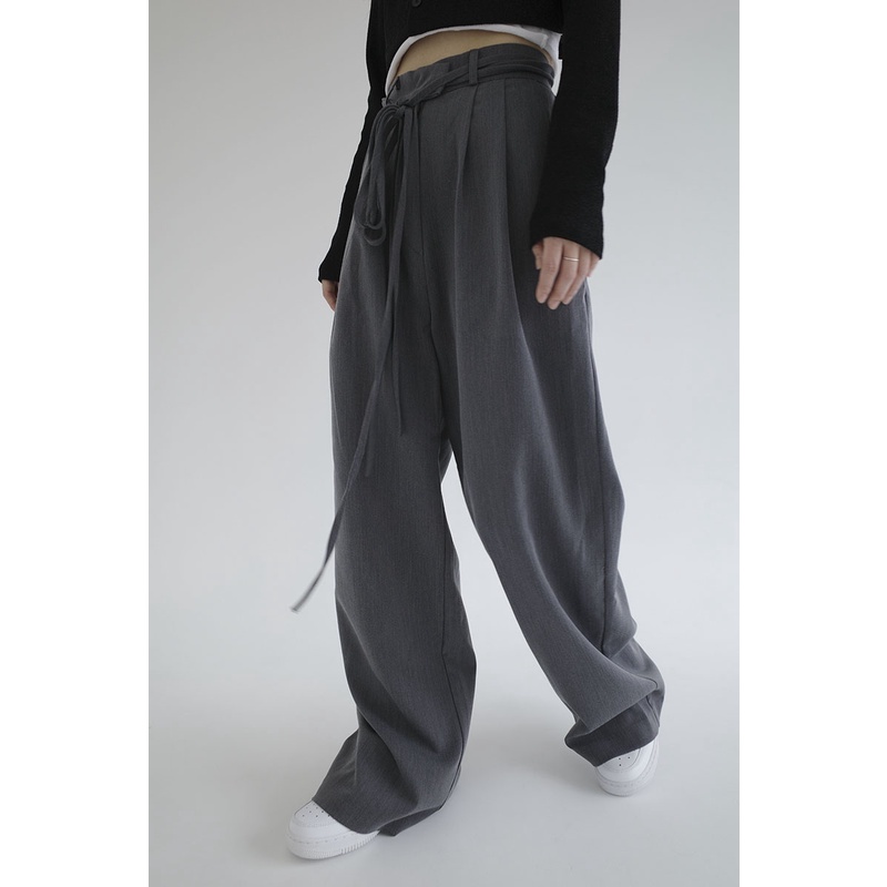 Quần ống rộng eo cao màu xám phong cách Hàn Quốc cá tính cho nữ
