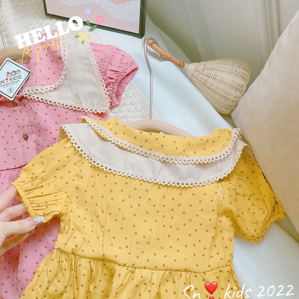 Váy xòe cổ sen bé gái, váy đũi chấm bi cách điệu cổ ren 2 lớp cho bé