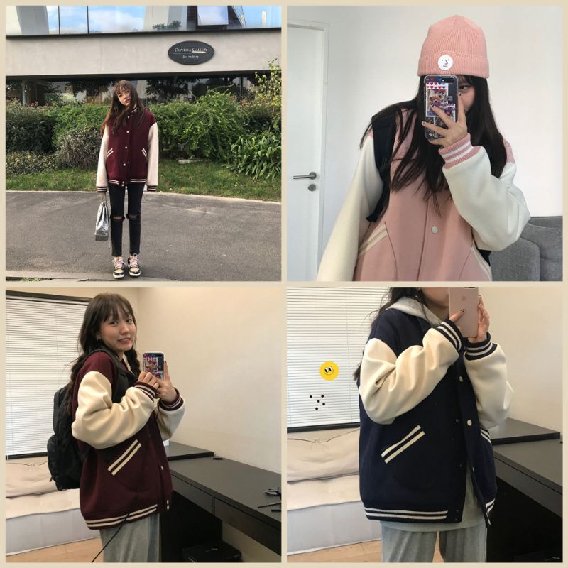 Áo khoác bomber bóng chày nữ phối viền cá tính kiểu Hàn oversize ulzzang style mix màu
