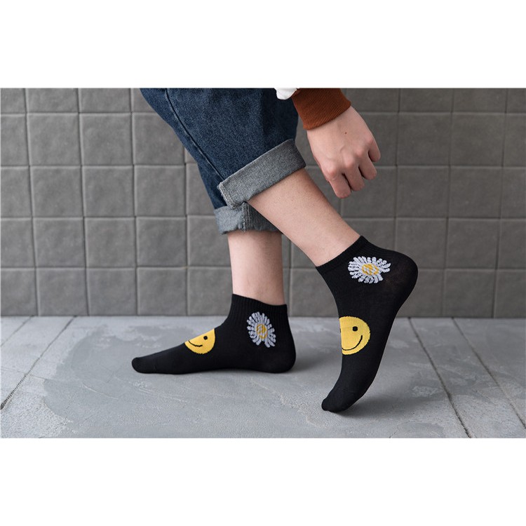 Vớ ngắn cổ hoa cúc, tất cổ thấp unisex đen hoa nam nữ NEKO