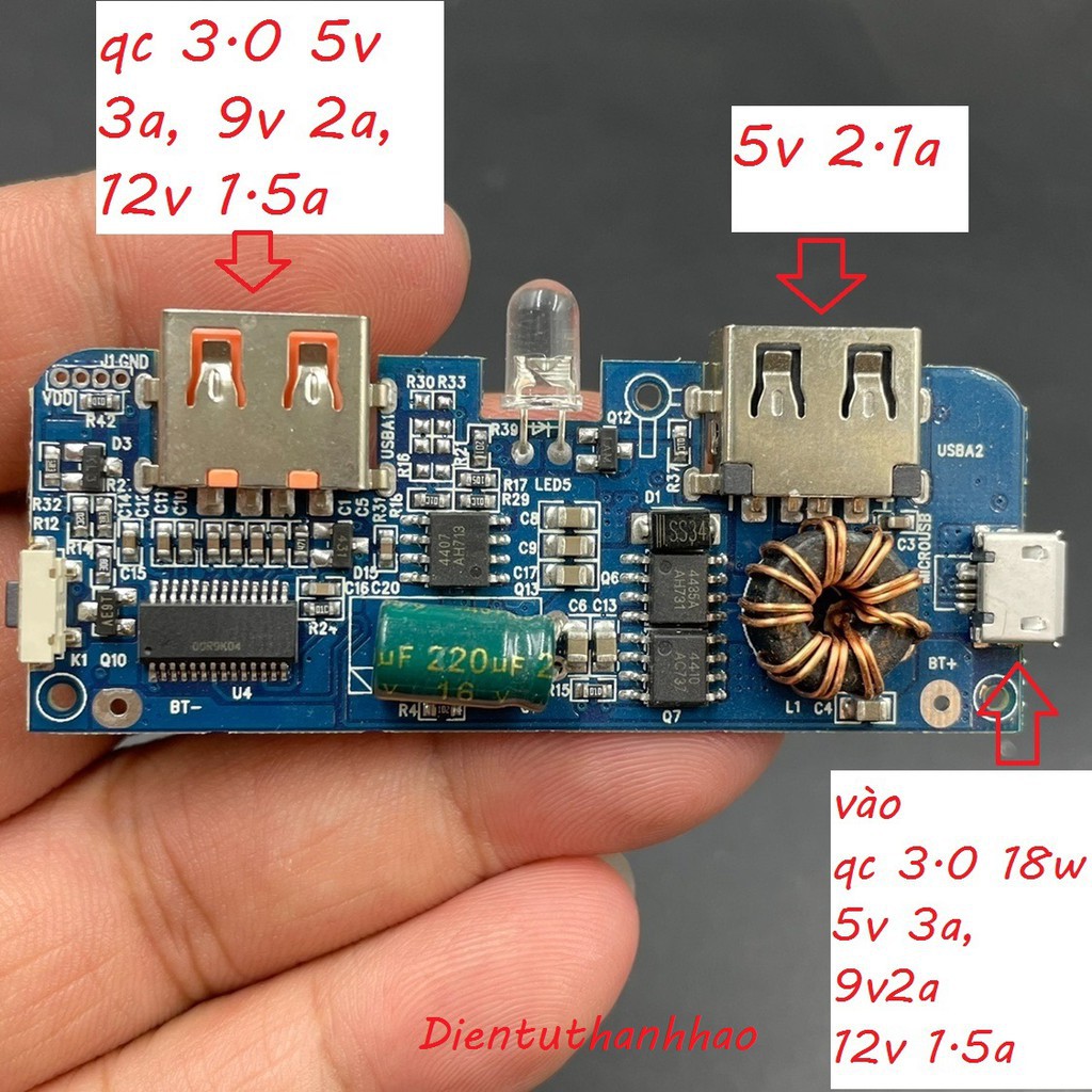 Mạch sạc dự phòng, sạc nhanh qc 3.0 18w micro 2 usb có led
