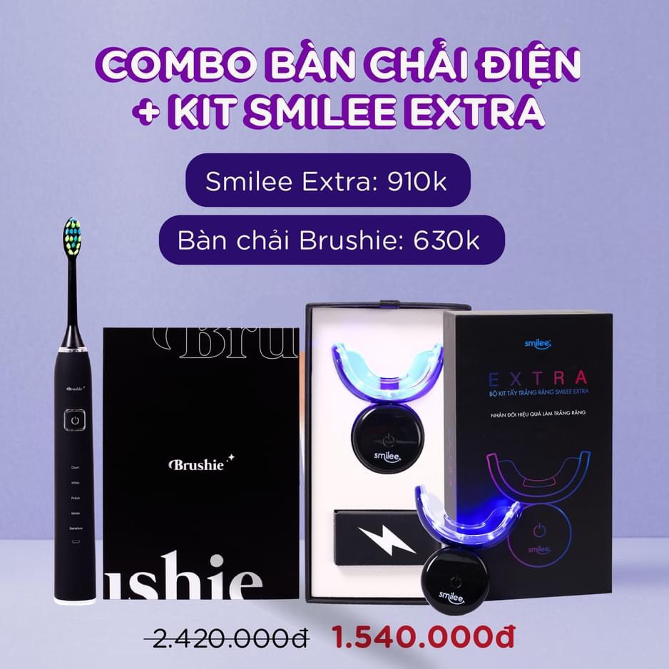 [Tặng 2 quà] Combo Brushie+Smilee Ver 2 Extra-Bàn chải điện tích hợp máy rửa mặt +Tẩy trắng răng tại nhà Smilee Extra V2