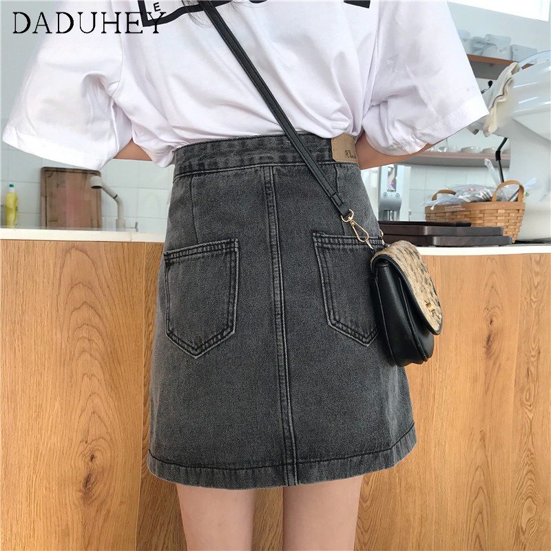 Daduhey Chân váy ngắn denim dáng chữ A có túi ngang hông thời trang mùa hè 2022 mới