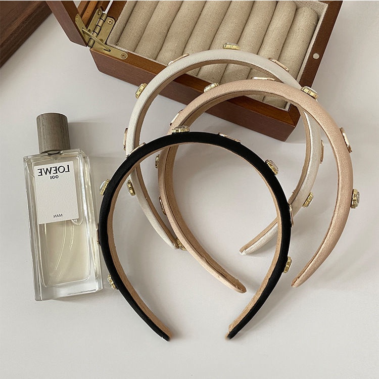 Băng Đô Cài Tóc Bản Rộng Dày Dặn Đính Đá In Chữ Phong Cách Retro Pháp Cao Cấp