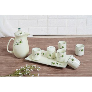 Bộ  Trà Men Kem và ngọc  Vẽ Đào  và Sen Bộ Bình Cao 6 Chén