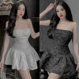 Đầm body nữ hai dây phối xích dáng xòe đuôi cá chất gấm