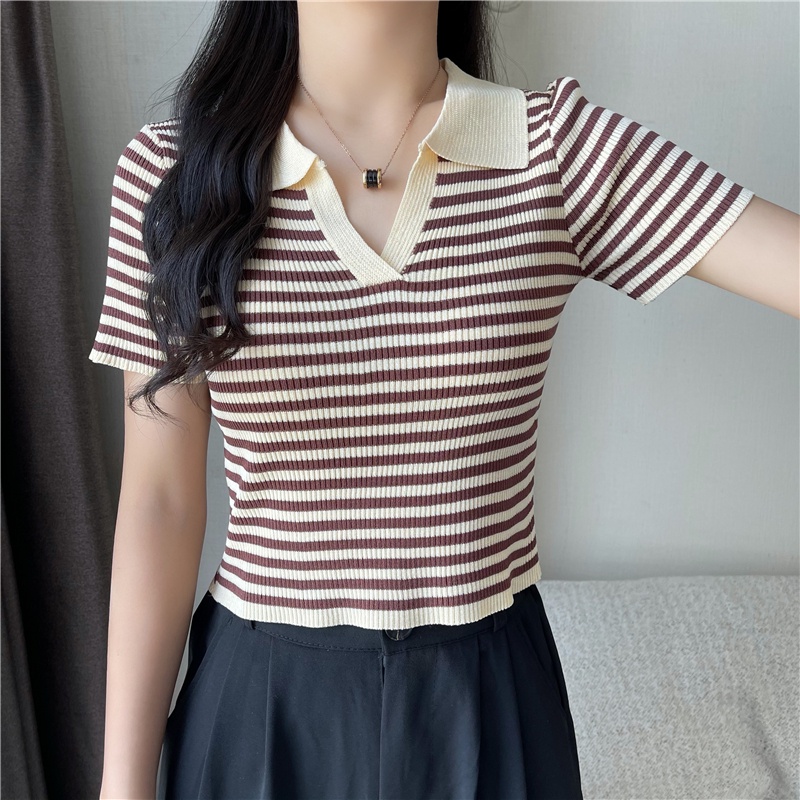 Áo thun SUXI polo dệt kim tay ngắn họa tiết kẻ sọc thời trang Hàn Quốc dễ phối đồ cho nữ
