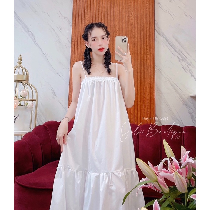 Đầm suông trắng 2 dây form rộng bo ngực (Ảnh chụp thật)