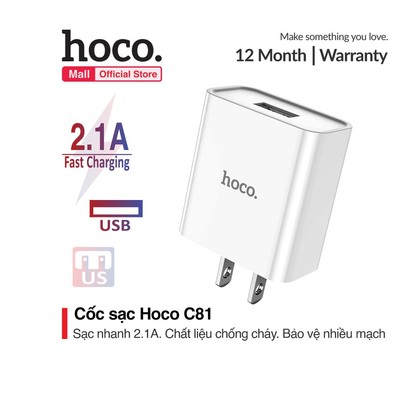 Củ sạc PD10.5W Hoco C81/C106/C134 - 1 cổng sạc USB chất liệu PVC an toàn cho Samsung/Huawei/Xiaomi/Oppo/IP chân dẹt