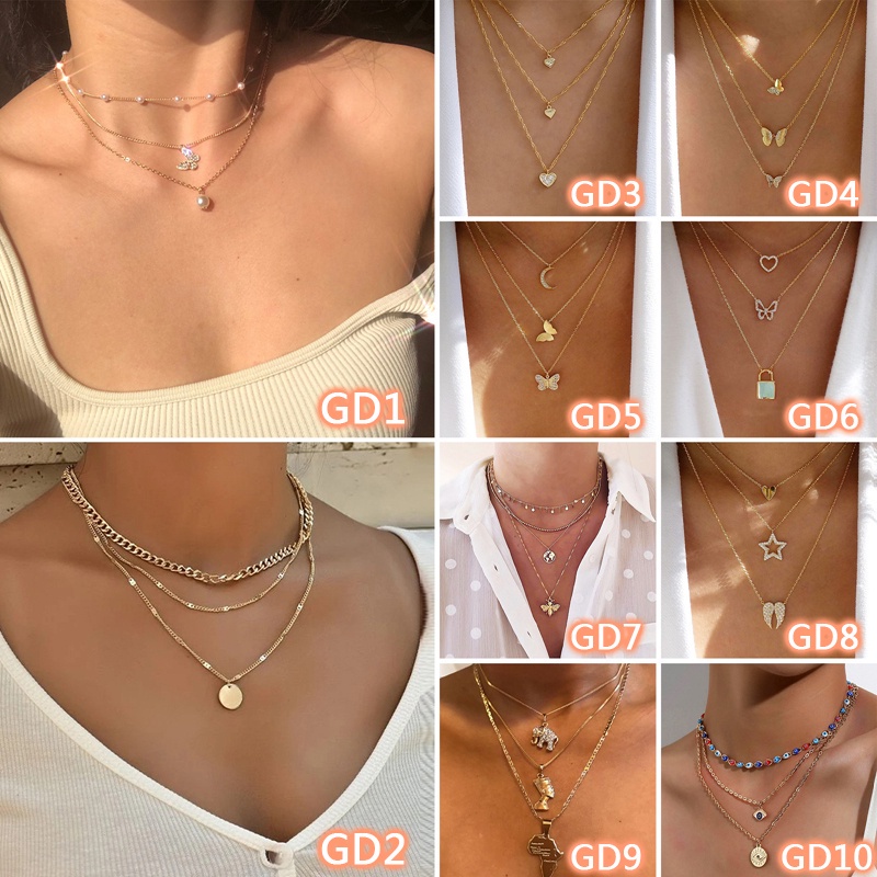 Dây chuyền nhiều lớp phối ngọc trai và mặt hình bướm thời trang xinh xắn cho nữ