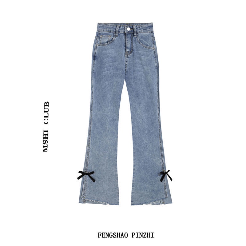 Bow knot split jeans women's spring and autumn style high waist new Korean version ins loose micro straight tube pants