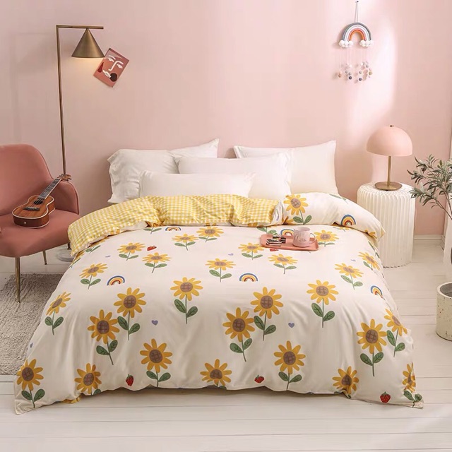 Set Chăn Ga Cotton Poly Hoa Hướng Dương Ga Kẻ Ô Vuông Vàng Mát Bền Cực Độc Shinbedding.shop