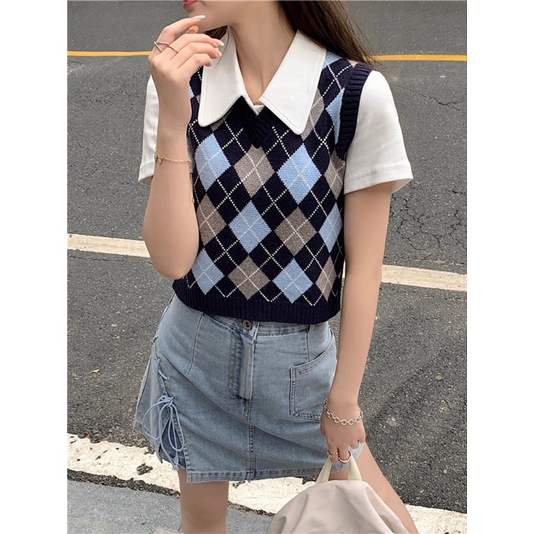 [Có sẵn+ảnh thật] Áo gile len croptop nữ cổ chữ V hoạ tiết quả trám phong cách hàn quốc | BigBuy360 - bigbuy360.vn