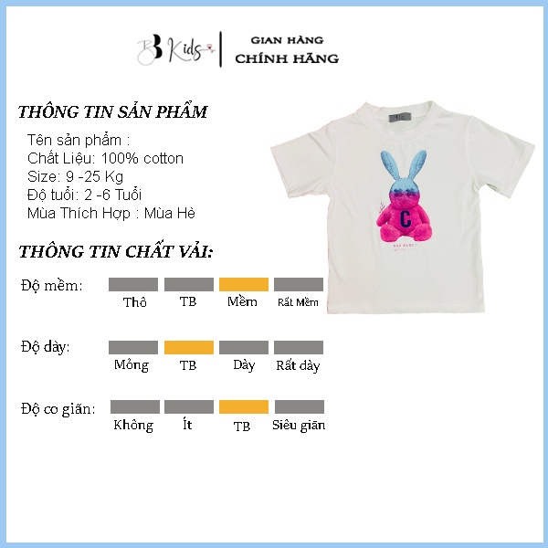 Áo Thun Ngắn Tay Cho Bé BB Kids In Hình Chú Thỏ Hồng Chất Liệu Cotton 100% Co Giãn 4 Chiều