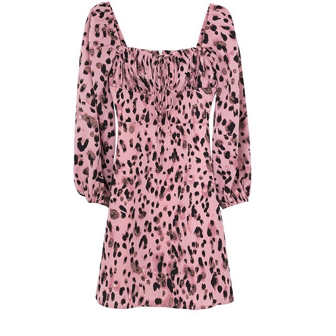 Đầm Chiffon Tay Phồng Cổ Vuông In Họa Tiết Da Báo Phong Cách Pháp Thời Trang Mùa Thu Mới Cho Nữ
