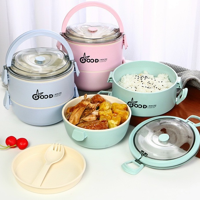 Hộp đựng cơm giữ nhiệt 2 tầng, cặp lồng đựng cơm lúa mạch giữ nhiệt đồ ăn, ruột Inox, kèm thìa đĩa muỗm siêu tiện dụng