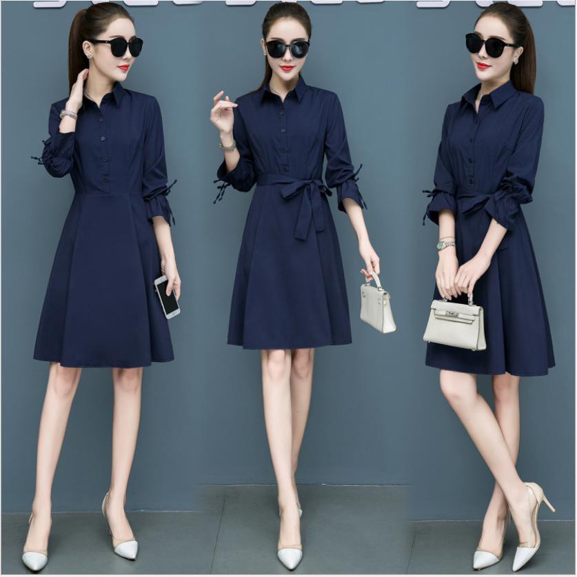 Đầm - váy sơ mi nữ dáng xòe kèm dây cột eo xinh xắn, thời trang công sở Da52