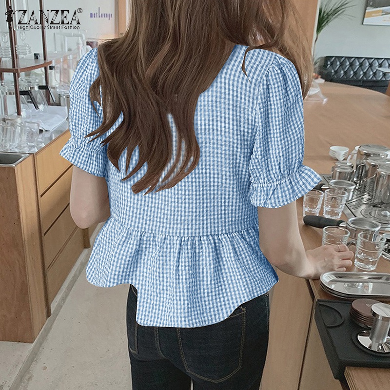 Áo Zanzea tay phồng cổ vuông in họa tiết sọc caro thời trang Hàn Quốc cho nữ