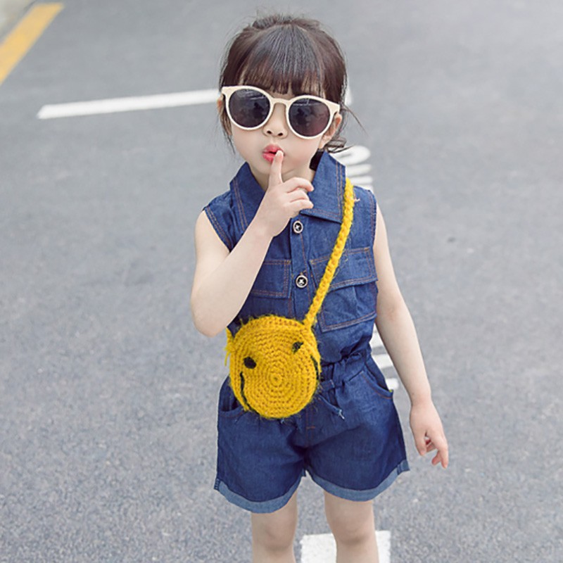 Bộ áo sát nách cùng quần short denim màu trơn cho bé gái